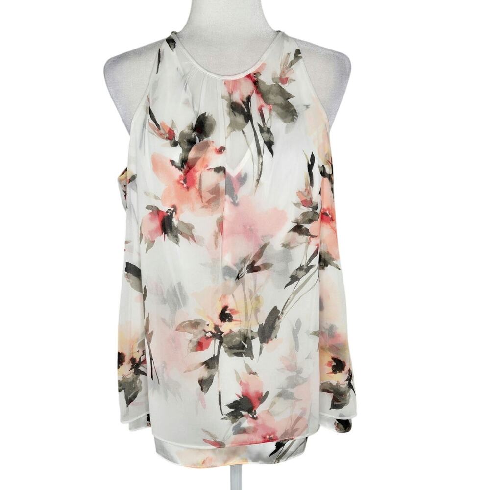 WHBM EUC sheer overlay floral flowy blouse top Medium white green peach coral